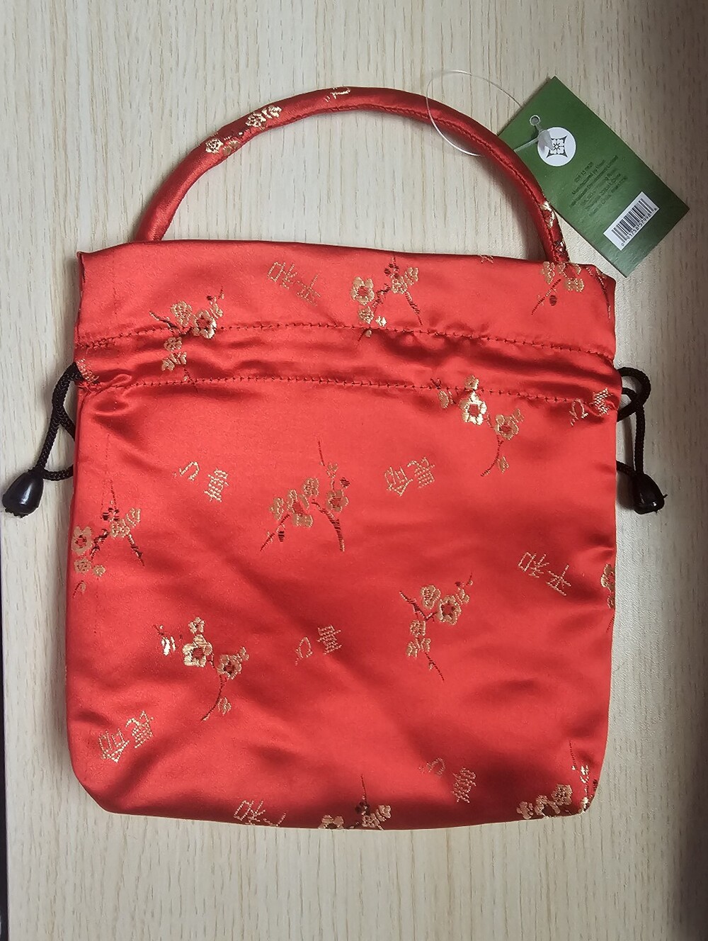 Red Silky Feel Chinese Brocade Drawstring Purse with Gold Floral Pattern